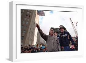 President George W. Bush Waves an American Flag after Addressing Recovery Workers in Nyc-null-Framed Premium Photographic Print