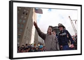 President George W. Bush Waves an American Flag after Addressing Recovery Workers in Nyc-null-Framed Photo