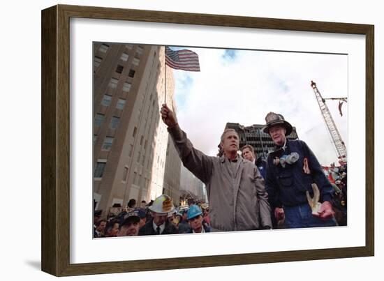 President George W. Bush Waves an American Flag after Addressing Recovery Workers in Nyc-null-Framed Photo