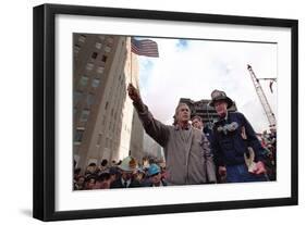 President George W. Bush Waves an American Flag after Addressing Recovery Workers in Nyc-null-Framed Photo