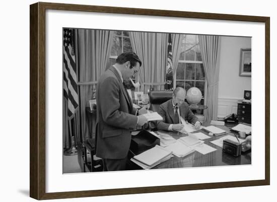 President Gerald Ford Meeting with His Chief of Staff, Donald Rumsfeld. Feb. 6, 1975-null-Framed Photo