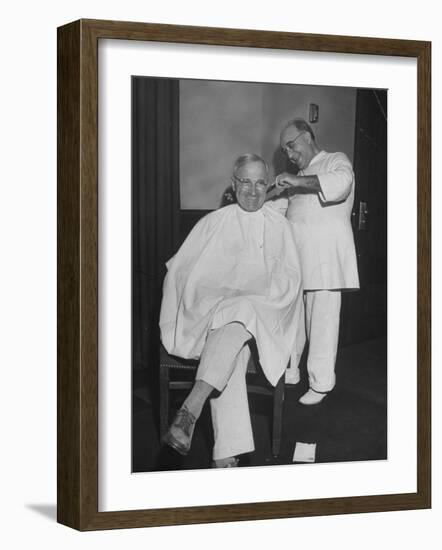 President Harry S. Truman Getting a Haircut-George Skadding-Framed Photographic Print