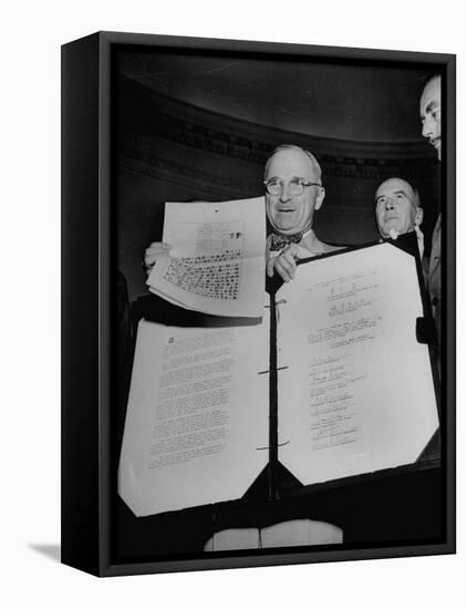 President Harry S. Truman Receiving the Surrender Documents from the Japanese-null-Framed Stretched Canvas