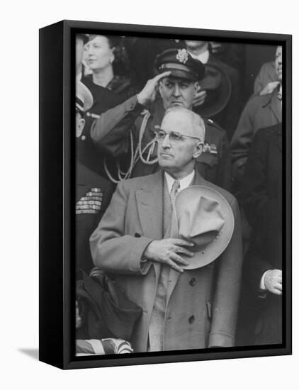 President Harry S. Truman Saluting "Star Spangled Banner" at Opening Game of Baseball Season-George Skadding-Framed Stretched Canvas