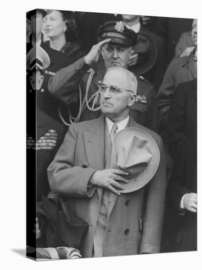 President Harry S. Truman Saluting "Star Spangled Banner" at Opening Game of Baseball Season-George Skadding-Stretched Canvas
