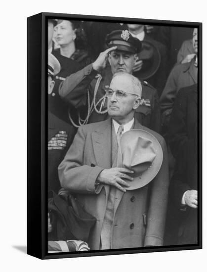 President Harry S. Truman Saluting "Star Spangled Banner" at Opening Game of Baseball Season-George Skadding-Framed Stretched Canvas