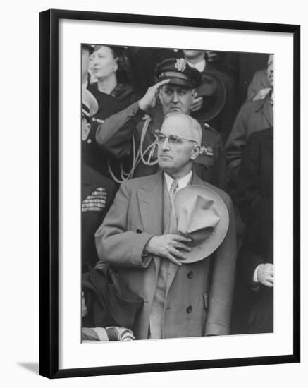 President Harry S. Truman Saluting "Star Spangled Banner" at Opening Game of Baseball Season-George Skadding-Framed Photographic Print