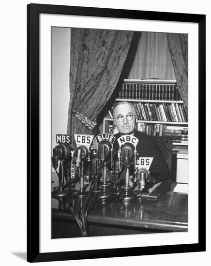 President Harry S. Truman Sitting in Chair Used by Formed President Franklin D. Roosevelt-Marie Hansen-Framed Photographic Print