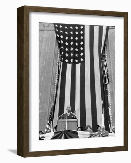 President Harry S. Truman Speaking Against Flag Backdrop During His Re-Election Campaign-Peter Stackpole-Framed Photographic Print