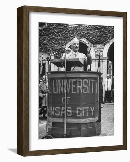 President Harry S. Truman Speaking at University of Kansas City-null-Framed Photographic Print