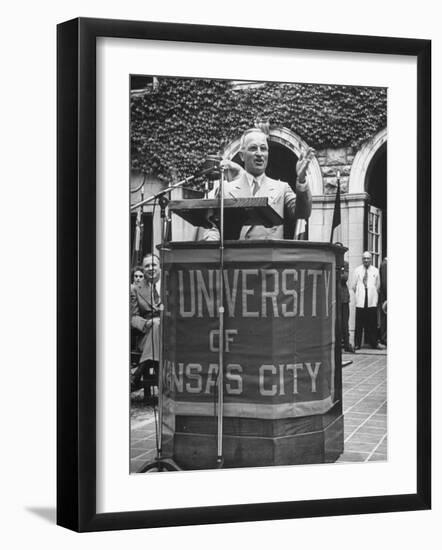 President Harry S. Truman Speaking at University of Kansas City-null-Framed Photographic Print