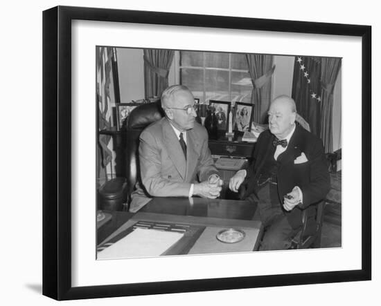 President Harry Truman Confers with British Prime Minister Winston Churchill in the Oval Office-null-Framed Photo