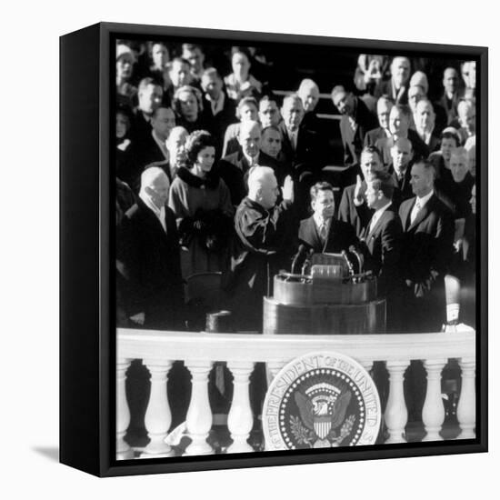 President Joh F. Kennedy Being Sworn in at the Inaugural Ceremony-null-Framed Stretched Canvas