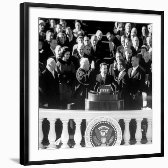 President Joh F. Kennedy Being Sworn in at the Inaugural Ceremony-null-Framed Photographic Print