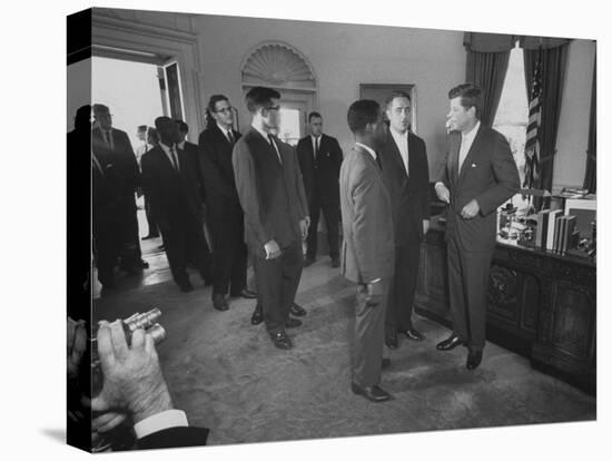 President John F. Kennedy and R. Sargent Shriver Greeting People at White House-null-Stretched Canvas