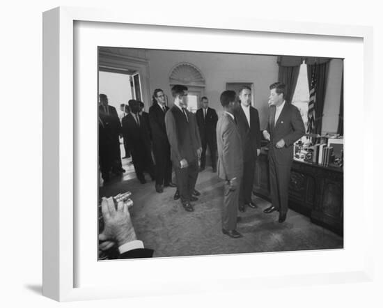 President John F. Kennedy and R. Sargent Shriver Greeting People at White House-null-Framed Photographic Print