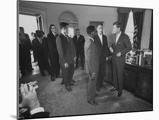 President John F. Kennedy and R. Sargent Shriver Greeting People at White House-null-Mounted Photographic Print