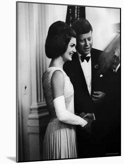 President John F. Kennedy, and Wife Jackie Greeting Guests at Party for Nobel Prize Winners-Art Rickerby-Mounted Premium Photographic Print
