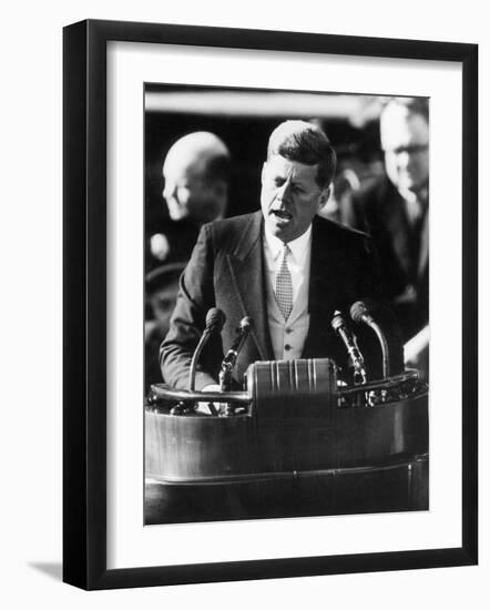 President John F. Kennedy Delivers Inaugural Address after Taking Oath of Office, January 20, 1961-null-Framed Photographic Print