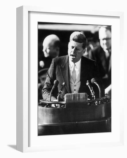 President John F. Kennedy Delivers Inaugural Address after Taking Oath of Office, January 20, 1961-null-Framed Photographic Print