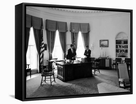 President John F. Kennedy in Oval Office with Brother, Attorney General Robert F. Kennedy-Art Rickerby-Framed Stretched Canvas