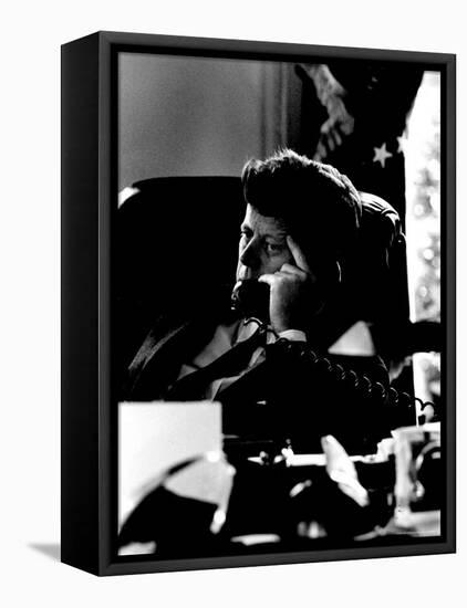 President John F. Kennedy Looking Serious on Telephone in White House during Cuban Missile Crisis-Art Rickerby-Framed Stretched Canvas