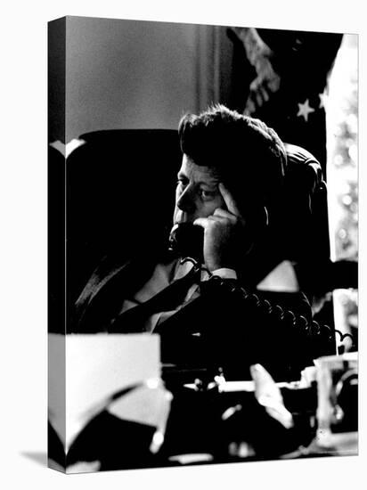 President John F. Kennedy Looking Serious on Telephone in White House during Cuban Missile Crisis-Art Rickerby-Stretched Canvas