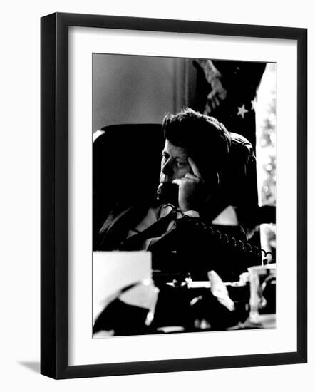 President John F. Kennedy Looking Serious on Telephone in White House during Cuban Missile Crisis-Art Rickerby-Framed Photographic Print