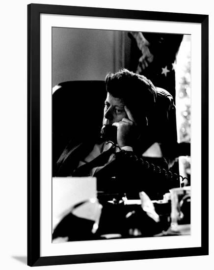 President John F. Kennedy Looking Serious on Telephone in White House during Cuban Missile Crisis-Art Rickerby-Framed Photographic Print