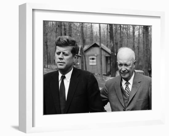 President John F. Kennedy Meeting with Former President Dwight Eisenhower at Camp David-Ed Clark-Framed Photographic Print