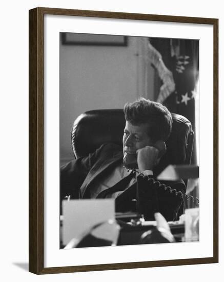 President John F. Kennedy on the Telephone in the Oval Office During the Steel Crisis-Art Rickerby-Framed Photographic Print