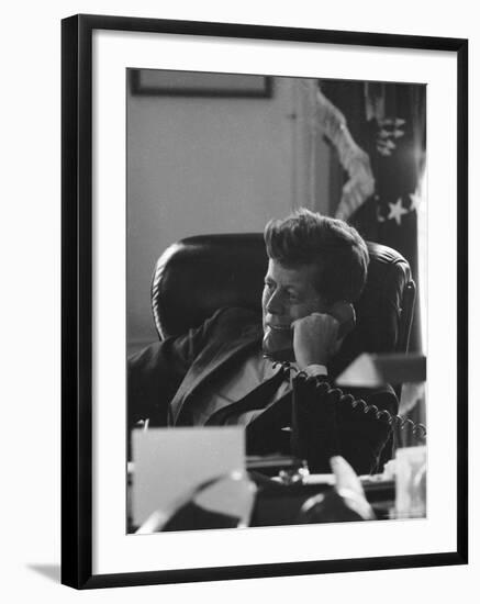 President John F. Kennedy on the Telephone in the Oval Office During the Steel Crisis-Art Rickerby-Framed Photographic Print