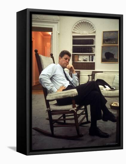 President John F. Kennedy Sitting in Rocking Chair in His White House Office-Paul Schutzer-Framed Stretched Canvas