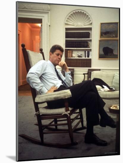 President John F. Kennedy Sitting in Rocking Chair in His White House Office-Paul Schutzer-Mounted Photographic Print