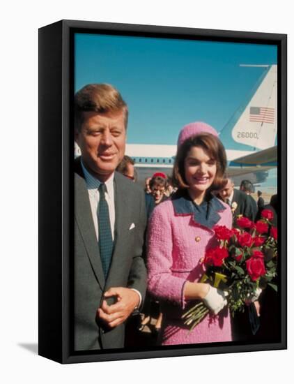 President John F. Kennedy Standing with Wife Jackie After Their Arrival at the Airport-Art Rickerby-Framed Stretched Canvas