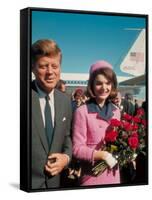President John F. Kennedy Standing with Wife Jackie After Their Arrival at the Airport-Art Rickerby-Framed Stretched Canvas