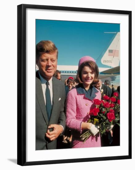 President John F. Kennedy Standing with Wife Jackie After Their Arrival at the Airport-Art Rickerby-Framed Photographic Print