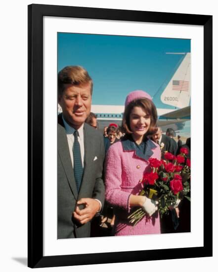 President John F. Kennedy Standing with Wife Jackie After Their Arrival at the Airport-Art Rickerby-Framed Photographic Print