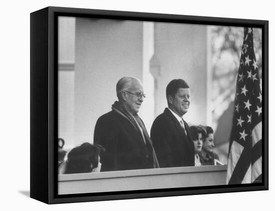 President John F. Kennedy Stands at His Inauguration Ceremonies with His Father Joseph P. Kennedy-Joe Scherschel-Framed Stretched Canvas