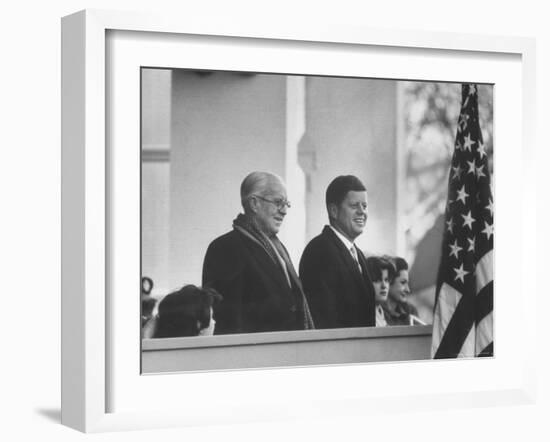 President John F. Kennedy Stands at His Inauguration Ceremonies with His Father Joseph P. Kennedy-Joe Scherschel-Framed Photographic Print