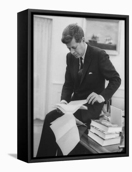 President John F. Kennedy Working in the White House Office-null-Framed Stretched Canvas