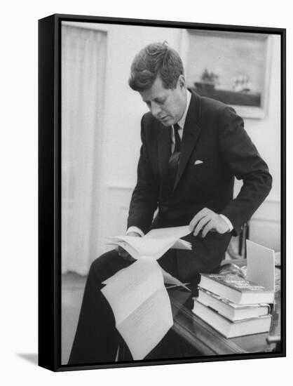 President John F. Kennedy Working in the White House Office-null-Framed Stretched Canvas