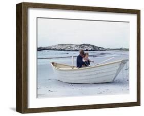 President John Kennedy and John Jr. Play in a Beached Rowboat at Newport, Rhode Island. 1962-null-Framed Photo