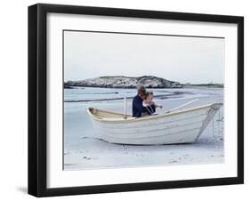 President John Kennedy and John Jr. Play in a Beached Rowboat at Newport, Rhode Island. 1962-null-Framed Photo