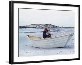 President John Kennedy and John Jr. Play in a Beached Rowboat at Newport, Rhode Island. 1962-null-Framed Photo