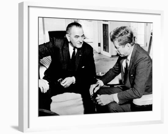 President John Kennedy Meeting with Vice President Lyndon Johnson-null-Framed Photo