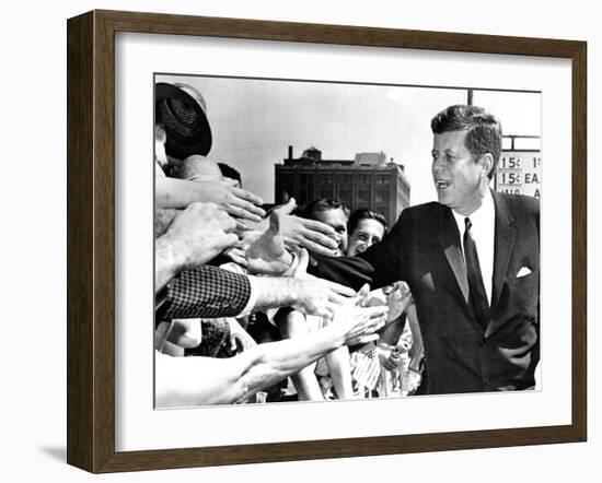 President John Kennedy Shakes Hands as He Arrives at Independence Hall, July 4, 1962-null-Framed Photo