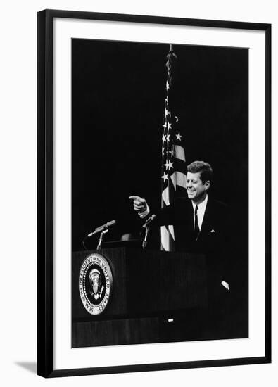 President Kennedy Pointing to a Reporter During a Press Conference, 1961-63-null-Framed Photo