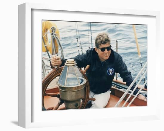 President Kennedy Sailing Aboard US Coast Guard Yacht 'Manitou', Rhode Island, 1962-null-Framed Photo