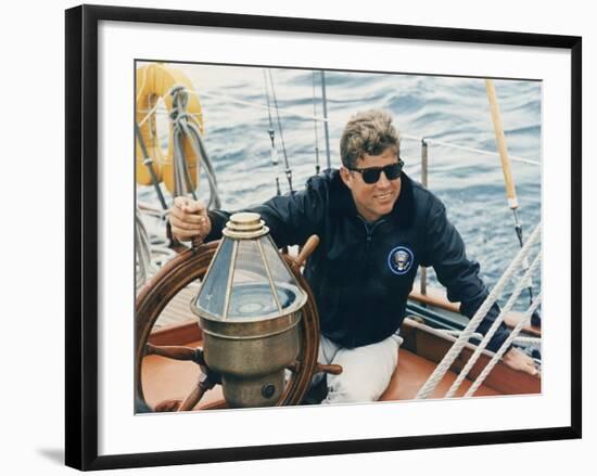 President Kennedy Sailing Aboard US Coast Guard Yacht 'Manitou', Rhode Island, 1962-null-Framed Photo